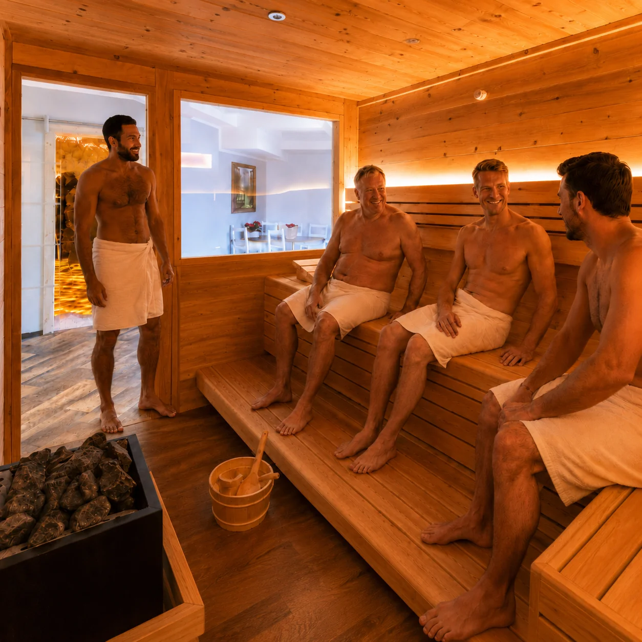 Männerrunde in der Zirben-Sauna