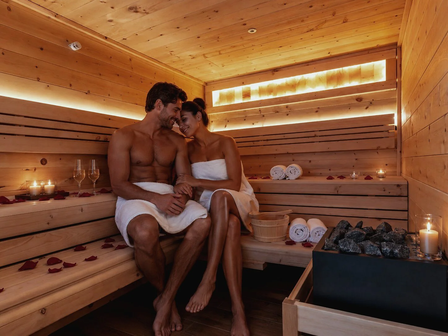 Paar in der Zirben-Sauna mit Sekt, Kerzen und Rosenblättern
